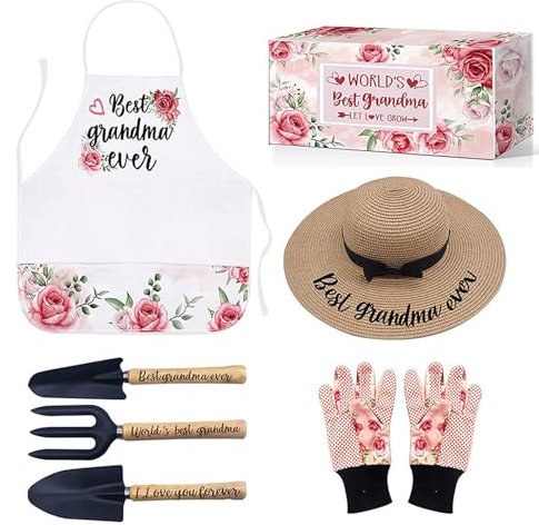 Outils de Jardinage, 6 Pièces Ensemble de Jardinage en Métaux avec Tablier, Bêche à Bêcher, Bêche à Repiquer, Bêche à Labourer, Gants et Chapeau de Paille, Kit Jardinage pour Homme et Femme