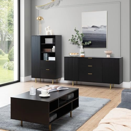 Lomadox Wohnmöbel Set Wohnwand matt schwarz 3-teilig modern 1 Sideboard, 1 Couchtisch, 1 Highboard