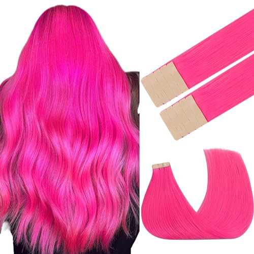 GOO GOO Tape in Hair Extensions Echthaar, Pink 10pcs 25g 45cm, Farbige Tape ins Echthaar Extensions, Silky&Soft Invisible Tape Ins, Straight Remy Hair Highlighted for Party