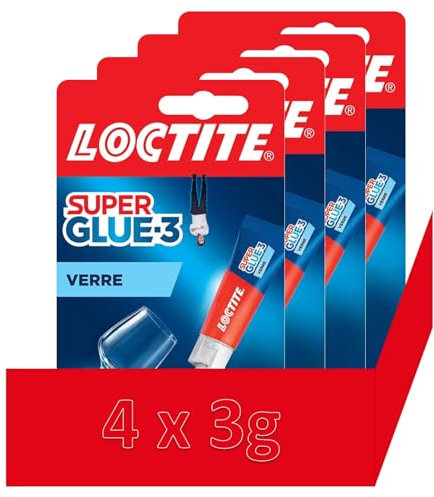Super Glue-3 Verre, colle puissante pour des liaisons verre sur verre, colle liquide résistante à l'eau et aux détergents, transparente (4 x 3g)