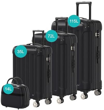 Voyagoux Kofferset 4 teilig - 14L, 35L, 72L, 115L, Hartschalenkoffer Set, TSA-Schloss, ABS, 4X 360° Rollen, Robust und Leichtgewicht Suitcase, Schwarz