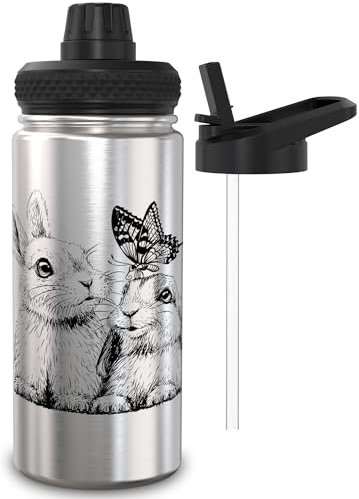 TAKWAY Gourde isotherme en acier inoxydable pour enfant 0,5 l avec 2 embouts – Gourde anti-fuite avec paille 500 ml – Sans BPA – Pour l'école, le sport (lapin), BT-02