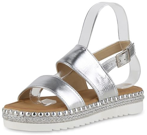 VAN HILL Damen Plateau Sandaletten Plateau Nieten Trendy Schuhe 215096 Silber 37