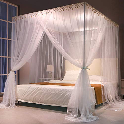 Elegantes Luxus-Moskitonetz mit 4 Eckpfosten für das Bett von Erwachsenen, Teenagern, Mädchen und Jungen; Betthimmel für Twin-/Full-/Queen-/King-Size-Betten (White-B, Twin)