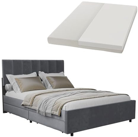 Juskys Samt Polsterbett Soria 140x200 cm mit Matratze, Lattenrost & Schubladen - modernes Bett - Kopfteil höhenverstellbar - Doppelbett Grau