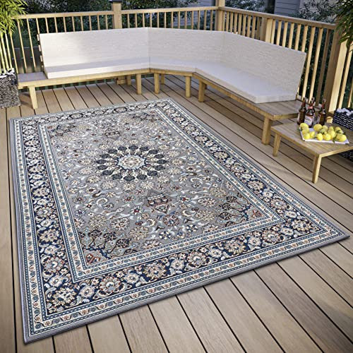 Hanse Home Kadi In- & Outdoor Teppich Orientalisch – Orient Flachgewebe, Orientalisches Design Klassisch, ÖKO-TEX Wetterfest & UV-beständig für Balkon, Terrasse, Garten – Grau Blau, 240x340cm