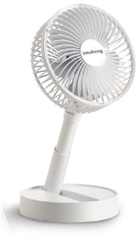 Innoliving Ventilador plegable recargable sin cables, altura ajustable, 3 velocidades, ángulo 90°, batería litio 1800 mAh, carga USB, portátil, conveniente (blanco, 20 cm plegable)