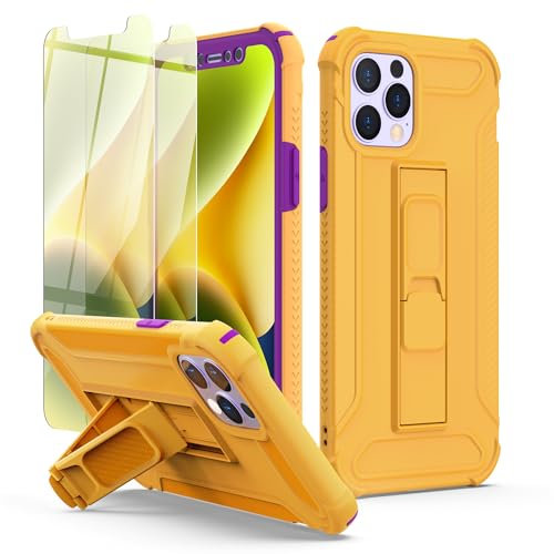 ORETECH for iPhone 12 Pro Max Case, [2 x Tempered Glass Screen Protector] [Built-in Kickstand] [Military Grade Shockproof] 4 in 1 Full Body Protective Silicone Bupmer Hard PC Phone Case Cover - Yellow