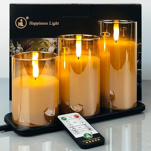 HL Wiederaufladbare flackernde flammenlose Kerzen, Gold Glas realistische LED batteriebetriebene Kerzen mit Fernbedienung Timer Säulenkerzen für Festival Weihnachten Home Decor 3 Stück
