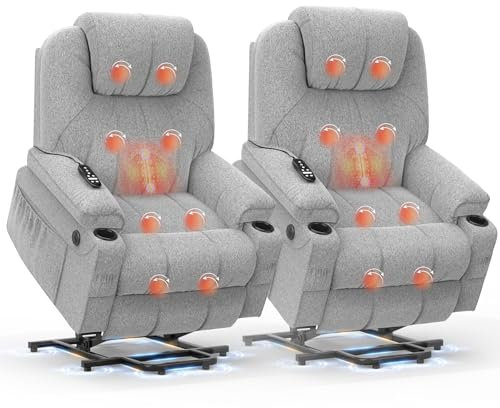 BareTay Recliner Armchair-Set of 2, Lift Chair For the Elderly, Power Recliner Chair with Massage & Heat, Extended Footrest, Type C+USB Ports, 2 Cup Holders, Dual Side Pockets Reclining Chairs