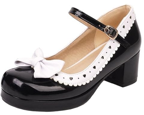 Women Block Heel Mary Jane Shoes with Platform Bows Mid Heel Shoes Round Toe Buckle Elegant Court Shoes, S29156FA Black Size 1.5 UK/34
