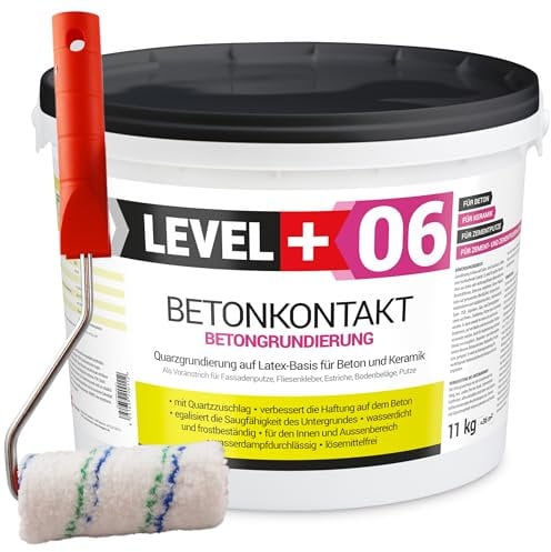 LEVEL+ 06 Contact béton 11 kg Pont adhésif Enduit de plâtre adhésif Sous-couche de plâtre pour béton + rouleau de peinture 10 cm avec étrier