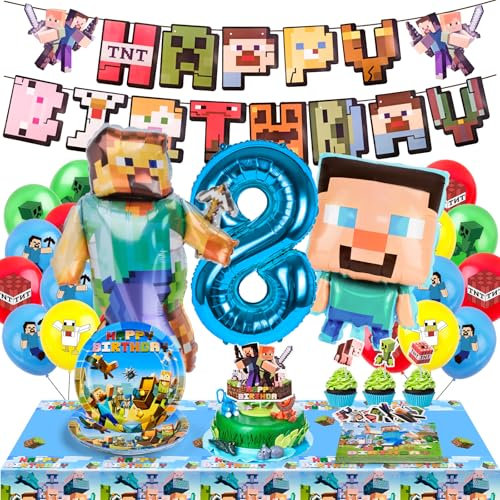 WuGU Decoración Cumpleaños 8 Años, 65 Piezas Decoraciones Cumpleaños, Fiesta de Suministros Set con Globos, Pancarta, Mantel, Platos, Servilletas