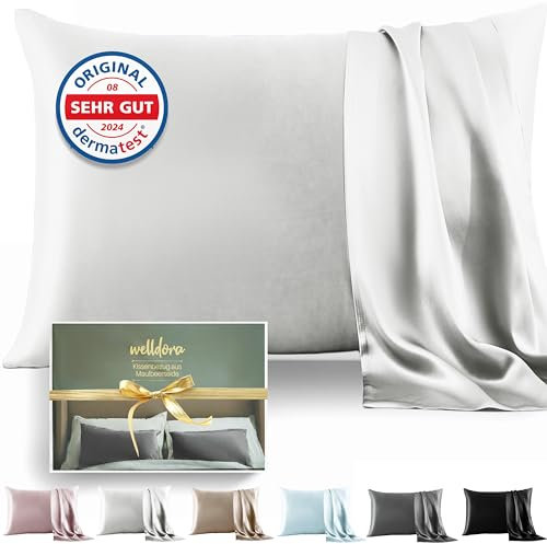 Welldora Kissenbezug aus 100% Seide 50x70 | Hohes Gewicht: 22 Momme, ideal für Haut und Haar | Höchste Güteklasse 6A | Zertifiziert in der Schweiz | Oeko-Tex* Seidenkissenbezug Elfenbeinweiss