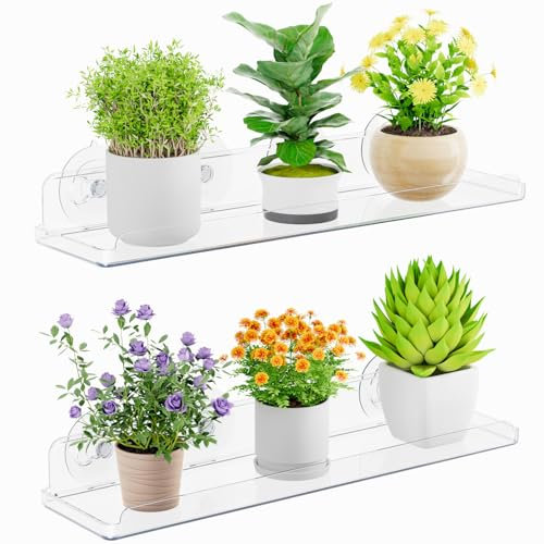 Lifewit Étagères Flottantes pour Plantes de Fenêtre, 2 Paquets 38 cm d'étagères en Plastique à Ventouses, Extension de Rebord de Fenêtre pour Plantes Succulentes d'intérieur, Micro Verdures