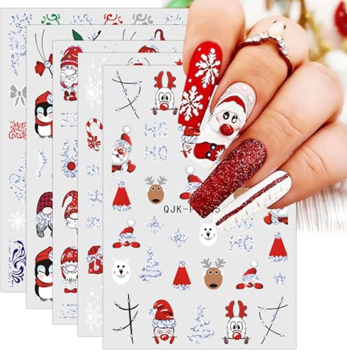 JMEOWIO 10 Sheets Christmas Glitter Nail Art Stickers Decals Self-Adhesive Snowflake Xmas Winter Holiday Cute Nail Supplies Nail Art Design Decoration Accessories