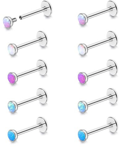BodyAce Flat Back Earrings Opal Tragus Studs, 316L Stainless Steel Lip Bars Internally Threaded Labret Rings, 16G Helix Piercing Cartilage Nose Jewellery [BL:6mm;Top:4mm]