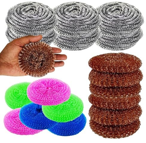 18Pcs Kitchen Scourers Set – Copper Coated Polypropylene Stainless Steel Scrubbers for Pots Pans Grills Non Scratch Dish Scrub Pads Heavy Duty Reusable Cleaning Tools