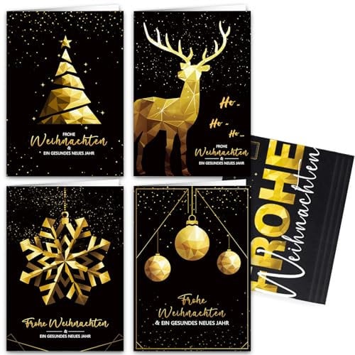 Weihnachtskarten mit Umschlag 12er Set, Modern Weihnachtskarte mit 4 Motive, Hochwertig Christmas Cards, Klappkarten Weihnachtspostkarten, Weihnachtsgruß, Frohe Weihnachten Karte, Merry Christmas