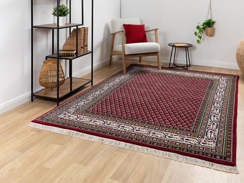 Steffensmeier Orientteppich Mir Royal | Orient Wohnzimmerteppich | handgeknüpft mit Fransen | Schurwolle | Rot, Größe: 140x200 cm