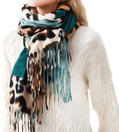 Soudittur Schal Damen Winter Leoparden Muster Pashmina Schals und Tücher mit Fransen Lange Winterschal Warmer Oversized XXL Schal (Grün)