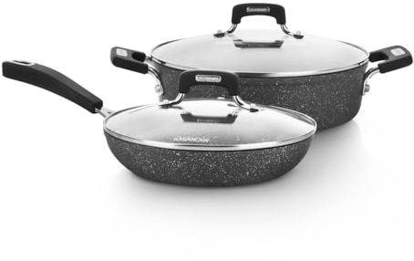 Set pentole e padelle KASANOVA New Petra Dark, antiaderente, induzione e forno fino a 180°C, con presina e cucchiaio (4, Pezzi)
