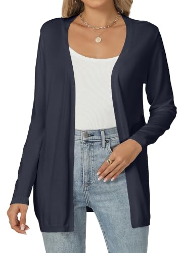 Famrrifuu Cardigan Donna Maglia Maniche Lunghe Elegante Lungo Leggero Aperto Giacca Tinta Unita Estivo Primavera, Blu, XL