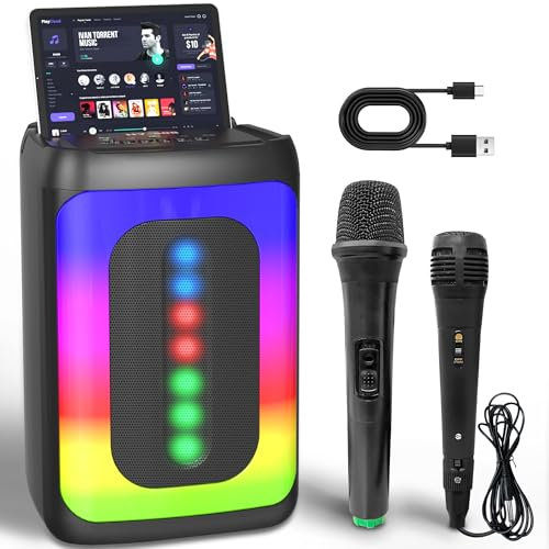 Vexloria Karaoke Machine with 2 Microphones, Portable Bluetooth Speaker with Led Light for Gatherings, Mini Karaoke Speaker for Adults Kids, Support TWS, TF Card, USB, AUX In, Rechargeable-Black
