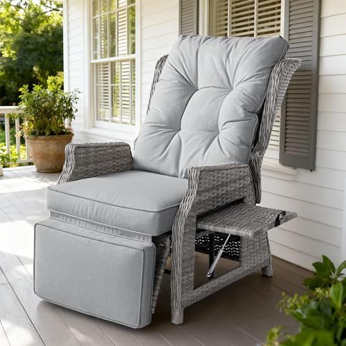 COMLAX FIELD Garden Recliner Chair, Rattan Reclining Sunlounger, Light Grey | Adjustable Backrest and Footrest Sun Lounger, Lounge Armchair with Thick Cushions and Flip Table, for Indoor/Outdoor/Patio
