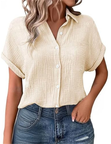 Women Cap Sleeve T-Shirts Button V Neck Tunic Tops Lounge Baggy Solid Plain Casual Shirts Trendy Blouse Plus Size Lightweight Breathe Summer Tshirt Short Sleeve Cotton Linen Tops Womens Office Shirt