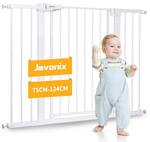 Javonix 92cm Tall Stair Gate without Drilling, Safety Baby Gate 75–124 cm with 3 Extensions, Child Pet Door Gate with Auto-Close & 90° Stop, for Kids, Dogs & Cats – White