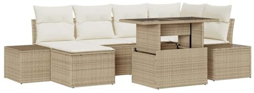 vidaXL Garten-Sofa-Set mit Speicher 7 pcs Beige Poly Rattan, Garten und Terrasse, modulare Sitzecke, stylisches Lounge-Set, viel Stauraum, UV-beständig für den Sommer