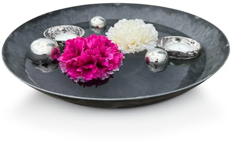 matches21 HOME & HOBBY Miniteich Komplettset mit Ø 35 cm Pflanzschale in Schwarz mit Schwimmkugeln & Teelichtschalen Silber