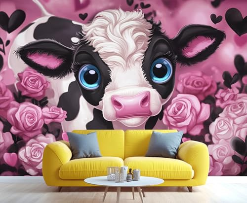 YXQAIED Tapete mit rosa Rosen, schwarz-weiße Kuh-Tapete für Wohnzimmer, nicht selbstklebend, niedliche Tiere, Schlafzimmer-Tapete, Cartoon-Herz, 3D-Wandbild und Heimdekor-Poster, 100 x 70 cm