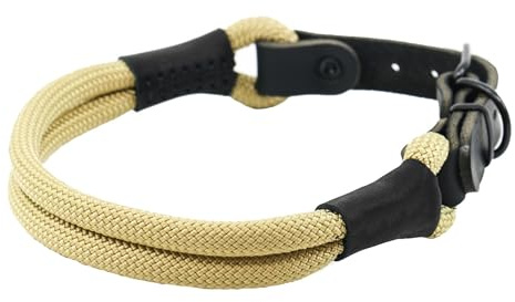 Soft Cord Double Beige Hundehalsband Schwarze Schnalle und Beschläge aus Metall, Länge 55cm Ø 10mm, doppelte Nylon Rundhalsung, einstellbar, robust, wetterfest, Endkappen schwarzes Leder