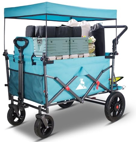 TOPWELL Faltbarer Wagen mit 2 faltbaren Sitzen, 120 kg Kapazität, tragbarer Campingwagen, zusammenklappbarer Trolley mit Schnellwechselrädern, verstellbarem Griff, faltbarer Zugwagen für den