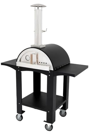 Freistehender Stahl Outdoor-Pizzaofen | Tragbarer Holzofen mit Rollen | Eingebaut Thermometer & 2 Ablagen + Pizzastein | Authentische Pizzen aus dem Steinofen BBQ [INKL. Pizzaschaufel & Abdeckung]