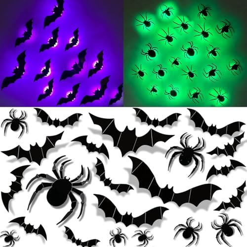 3D LED Halloween Deko Spinnen Fledermaus Sticker Set,24 Stück Fledermauslichter Lila + Grüne Spinnenlichter,3D LED Fledermaus Lichter,Grün Lichter 3D Spinnen Deko,Außen Schmücken für Haus Garten