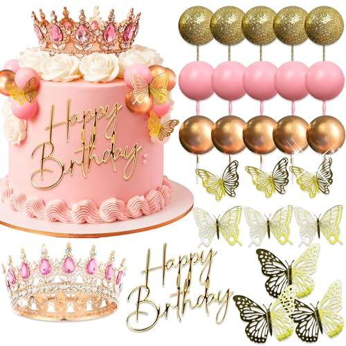 Rosa rosa come decorazione per torte palline dorate come decorazione | Rosa Corona rosa come decorazione per torte palline dorate come decorazione per torte targa a farfalla dorata per compleanno