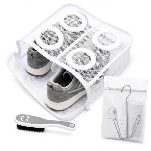Detail Home Bolsa para lavar zapatillas en lavadora con separadores – Set completo con cepillo, bolsa pequeña para plantillas y cordones y percha para secado – Tamaño XL 36×30×12 cm