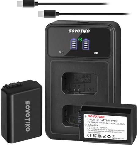 SOVOTIKO NP-FW50 Battery 2-Pack and Dual-Slot PD Fast Charger for Sony ZV-E10, Alpha 7, A7, A7II, A7RII, A7SII, A7S, A7S2, A7R, A7R2, A5000, A6400, A6500, A6300, A6000, NEX-3, NEX-5 Camera,1300mAh