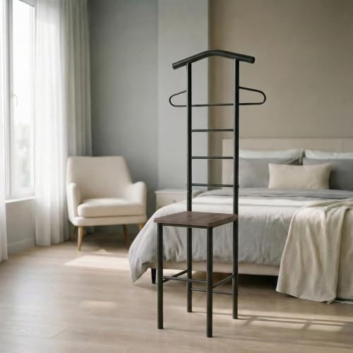 Herrendiener JIVO schwarz/braun – stummer diener mit ablage aus Metall und MDF, kleiderständer modern für Schlafzimmer, stabiler kleiderbutler, stiller diener, platzsparend, hochwertige Verarbeitung