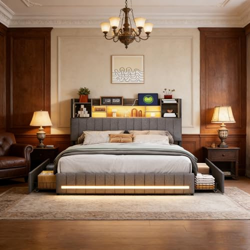 Bett 140x200, Polsterbett Doppelbett mit LED und USB, 4 Schubladen, Kopfteil mit Stauraum, Gepolstertes Bettgestell mit Lattenrost, Modern Jugendbett Erwachsenenbett, Leinen, Grau, Ohne Matratze