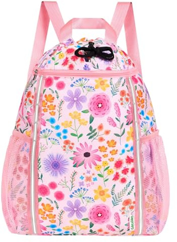 WAWSAM Turnbeutel Kinder mit Reflektierenden Streifen, Blume Rucksack mit Kordelzug für Mädchen, Wasserdichte Sportbeutel für Sport und Strand, Schwimmtasche mit Zwei Netz-Trinkflaschentasche