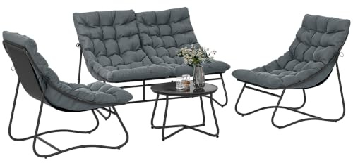 Outsunny 4-Sitzer Gartenset mit Loveseat-Sofa, Grau | Sitzgruppe, Glascouchtisch, Dicke Kissen, Stahl-Outdoor-Sofa, Balkon, Poolseite, Wintergarten