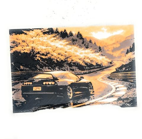 Generisch 3D-Gedrucktes Wandbild, JDM Sportwagen Szene, Schwarz/Orange, PLA+, 240x160 mm, Hueforge Reliefbild