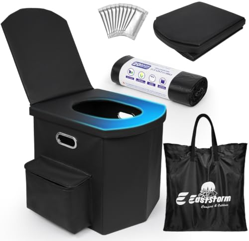 E EASTSTORM Faltbare Campingtoilette XXL mit Beutel & Seitentasche | 42 cm Komfort-Sitzhöhe, Faltbares Design und Stabile Tragkraft bis 200 kg – ideal für Camping, Garten und Roadtrips