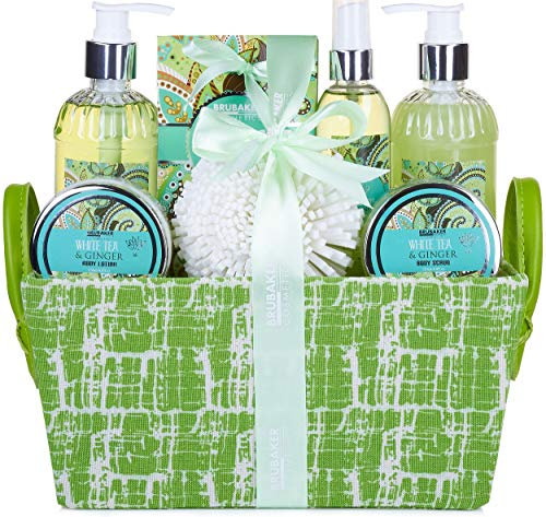 BRUBAKER Cosmetics - Coffret de bain & douche - Thé blanc/Gingembre - 8 Pièces - Panier décoratif - Idée cadeau