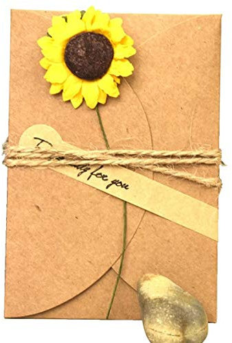 wortek Grußkarten 5 Stück Retro Glückwunschkarten DIY Kraftpapier zum Selbst Gestalten 10,5x7cm mit handgefertigter getrockneter Blume, Jute-Schnur zur kreativen individuellen Gestaltung + Aufkleber