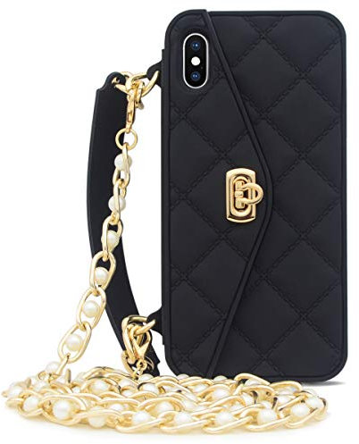 Omio for iPhone Xs Max Handbag Case with Card Holder Wrist Lanyard Strap Soft Silicone Cover for iPhone Xs Max Wallet Case for Women Luxury Stylish Long Pearl Crossbody Chain Case for iPhone Xs Max